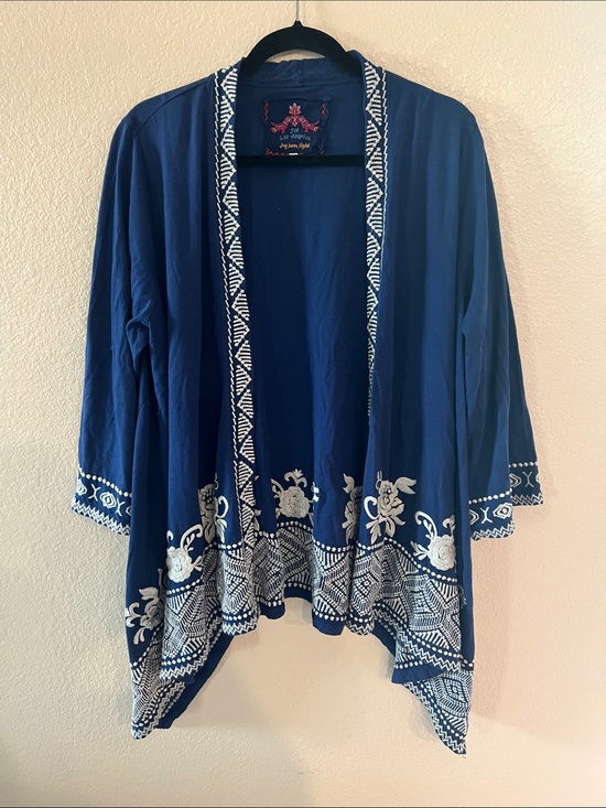 Johnny Was Sweaters - Johnny Was Navy Open-Front Embroidered Cardigan with White Trim